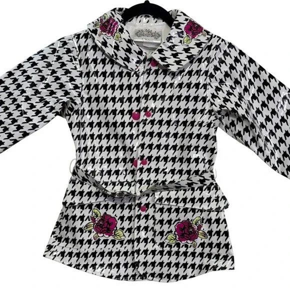 The English Rose by Madonna Kids Rain Jacket‎ Houndstooth Floral Belted Size 6X