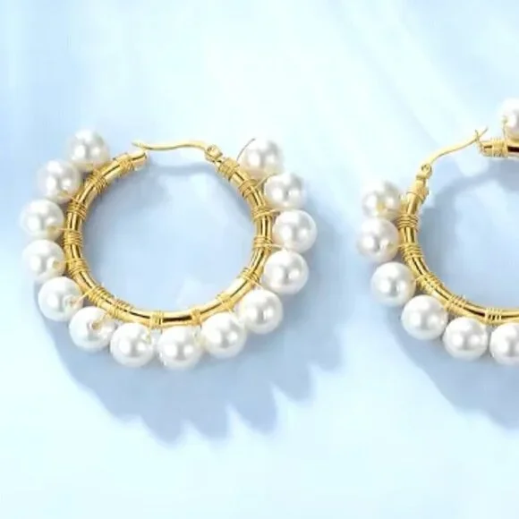 NEW -‎ White Pearl Hoop Earrings