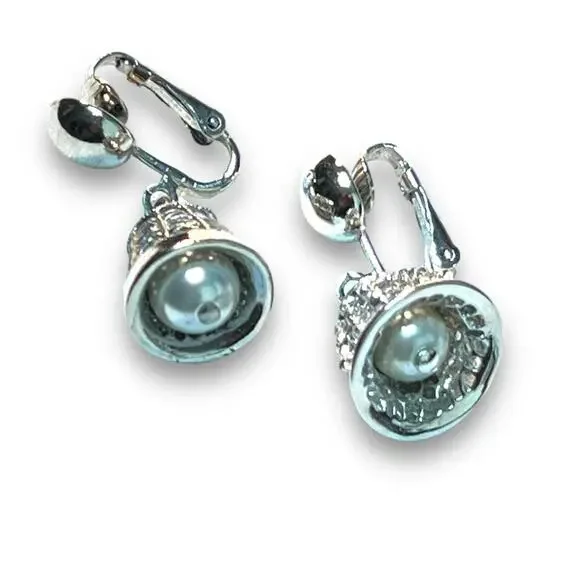 JUDY LEE VINTAGE 1950 MID CENTURY FAUX SILVER BELLS WITH FAUX PEARL EARRINGS