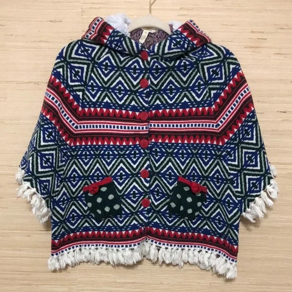 Matilda Jane A Caroling We Go Patterned Tassel Button Front Hooded Poncho 10