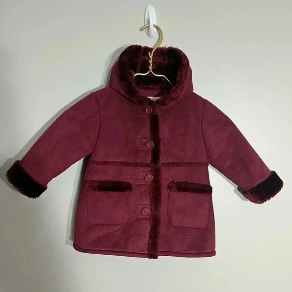 Girls Burgundy Faux Suede Hooded Coat with‎ Faux Fur Trim and Lining