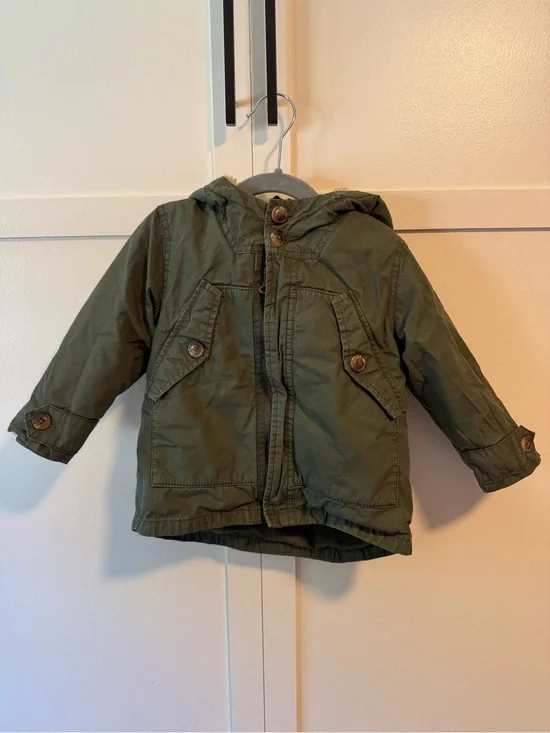 Zara Boy Green Fleece Lined Insert Utility Parka Jacket Coat Size 12-18 months