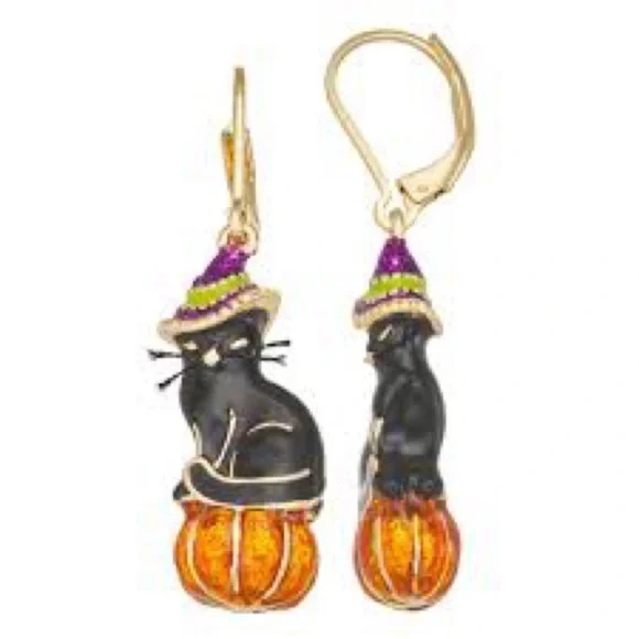 Napier Black Cat Earrings with Orange Pumpkin and Purple Hat
