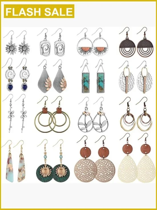 16 Pairs Boho Dangle Earrings, Wooden Leather Geometric Statement Jewelry