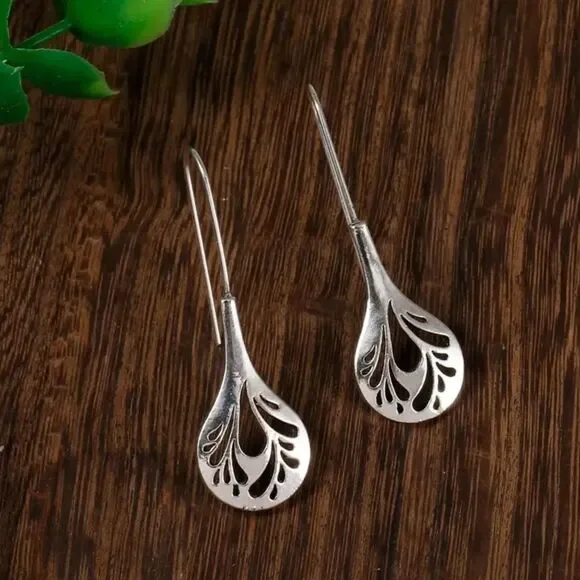Handmade Silver Long Hook Drop Earrings Dangle Open Teardrop Leaf Vtg Boho New