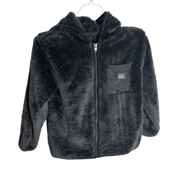 Quicksilver black teddy fuzzy hoodie jacket full front zipper size 7