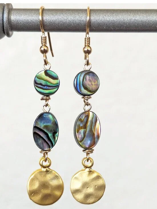 14K Gold Filled Teal Rainbow Abalone Shell Long Dangle Earrings