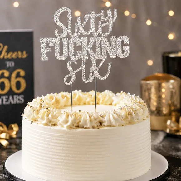 NEW Sixty F***ing Six 66th Birthday Cake Topper Silver Rhinestone Style Decor