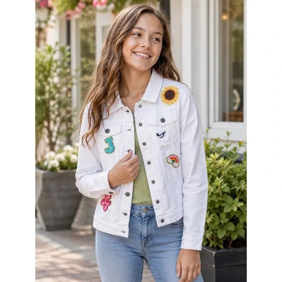 Crazy 8 Girls XL14-16 White Denim Jacket Sunflower Rainbow Butterfly Patch Jean