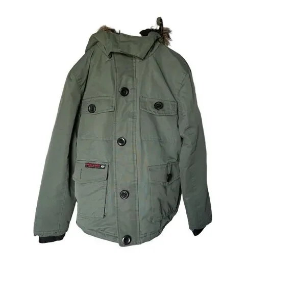 PHAT FARM Parka Jacket Olive Green Weather Gear Faux Fur Hood Hip Hop Streetwear