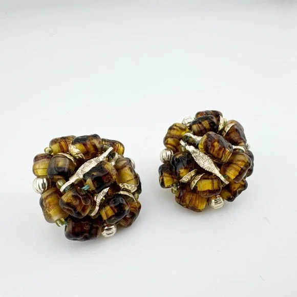 Vintage‎ Japan Brown Glass Bead Cluster Clip On Earrings