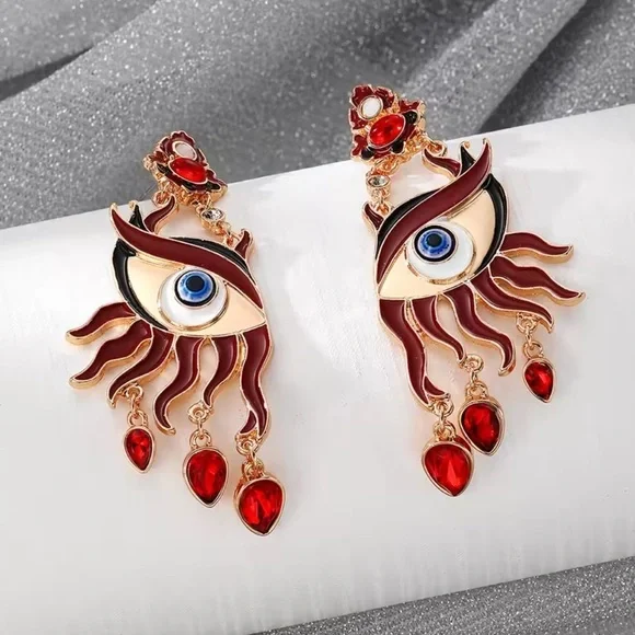 New! Devil,s Eye Motif Red and Gold Dangle Earrings