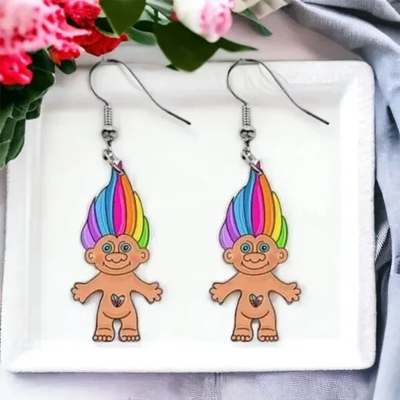 Rainbow Troll Doll Dangle Earrings Retro Whimsy Resin Lightweight Drop Charm New