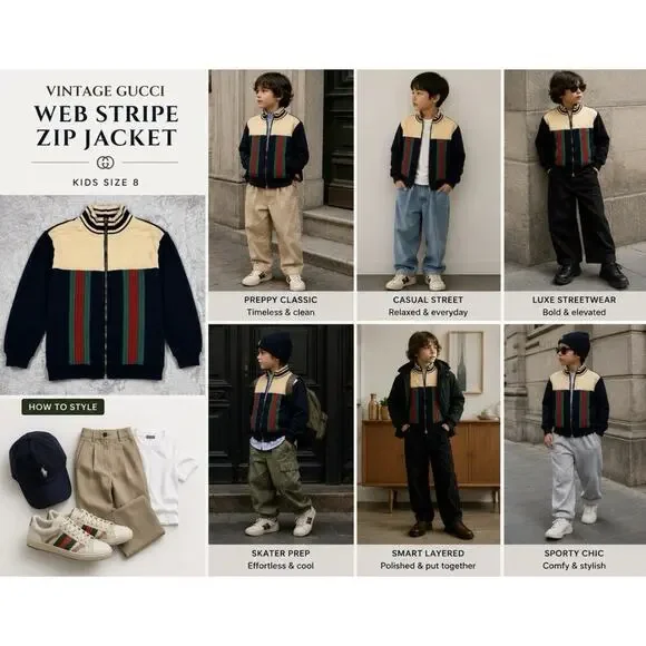 Vintage Gucci Web Stripe Zip Jacket Sweater Navy Cream Size 8