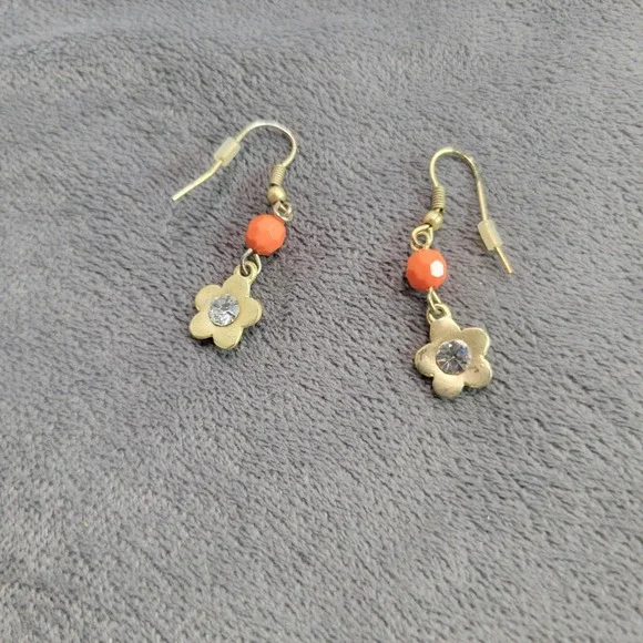 Gold Tone Orange Bead Flower Rhinestone Drop Dangle Earrings Floral Fishhook