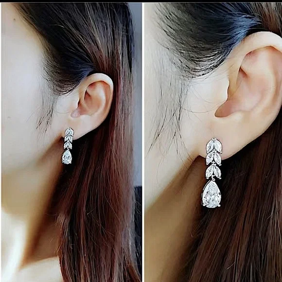 Formal Occasion Bridal Crystal Four Tier Leaf & Tear Drop Chandelier Earrings.