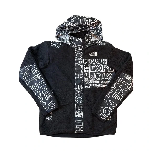 The North Face Kids Black White‎ All Over Logo Fleece Jacket Hooded Size YXL