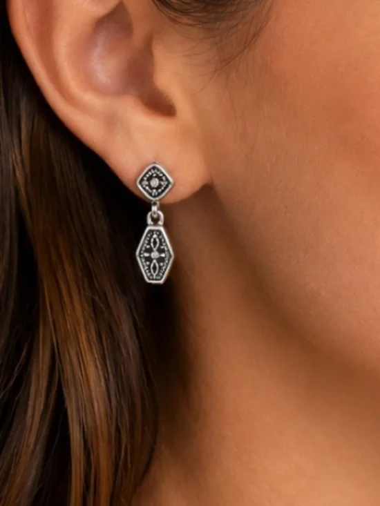 Silver Tone Art Deco Dangle Earrings Geometric Hexagon Vintage Drop Earrings