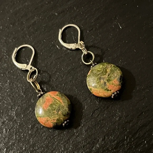 Pink Green Jasper Natural Stone Leverback Bohemian Earrings