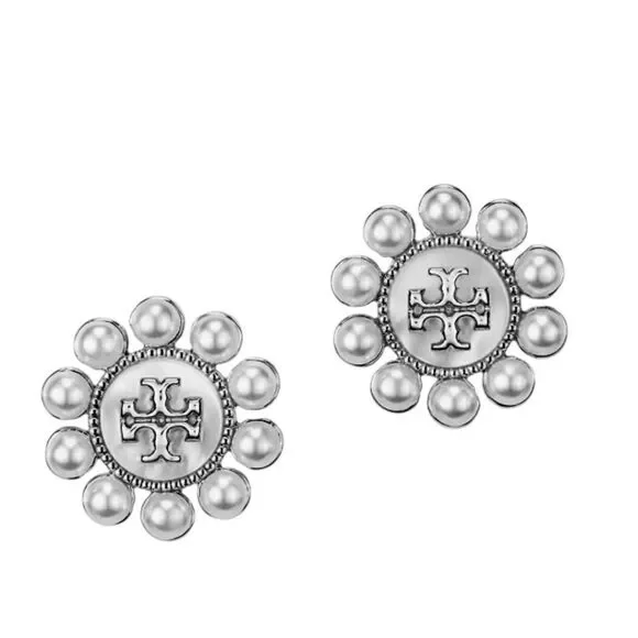 TORY BURCH KIRA STUD DOUBLE T ENCIRCLED BY MOTHER OF PEARL.