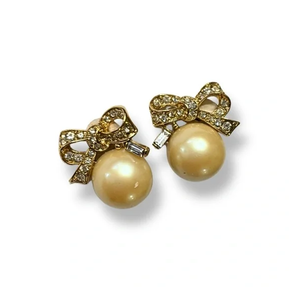 🎀 Vintage Nina Ricci Paris Bow Faux Pearl Rhinestone Clip-On Earrings