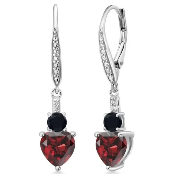 925 Sterling Silver with 3.07 Cttw Red Garnet and Black Onyx Heart Drop Earrings