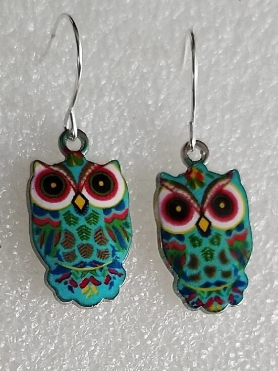 Hand Crafted Turquoise Multicolor Owl Drop Earrings