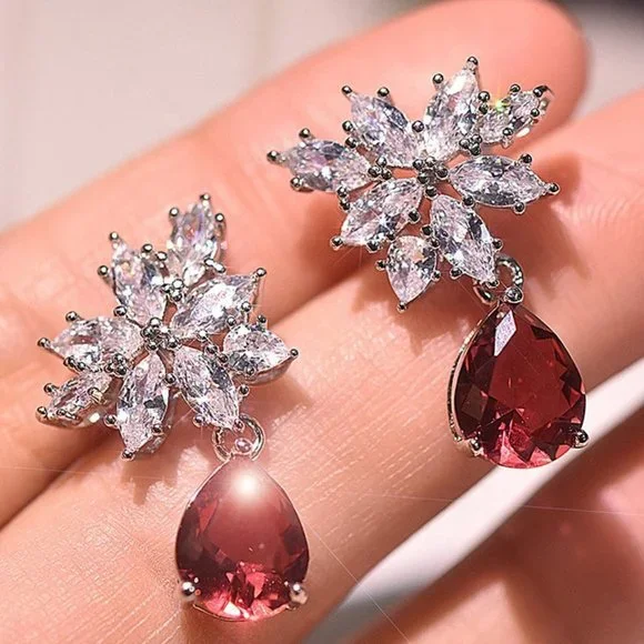 🍁Water Drop Ruby CZ Shiny Leaf Pear Drop Earrings, GPMB1412