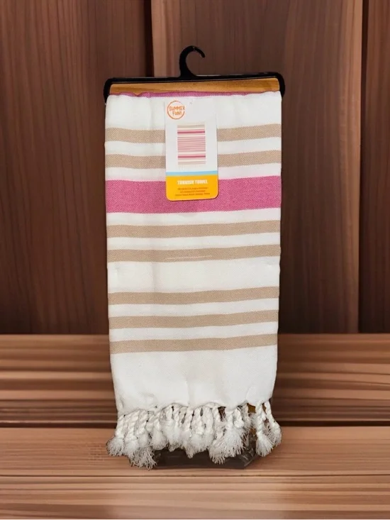 NWT Striped Turkish Towel in Cream, Tan & Pink with Tassels-40”x60”