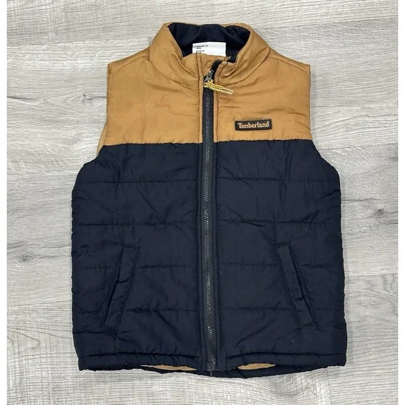 Timberland Vest Youth 4T Black Tan Puffer Quilted Pockets Two-Tone Full Zip READ