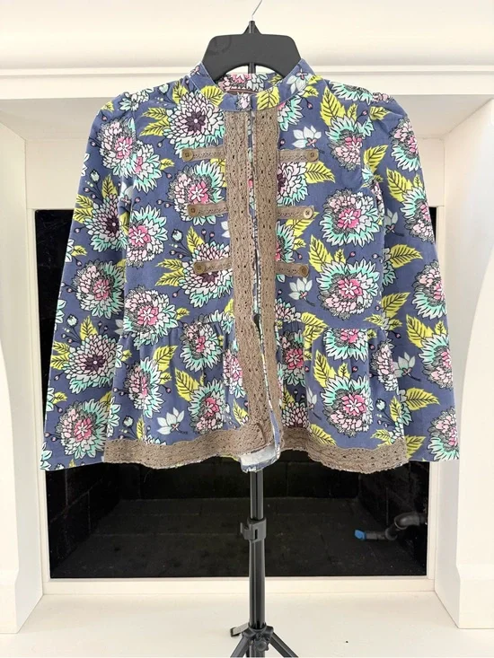 Mustard Pie Navy Floral Crochet-Trim Jacket- Girls 12