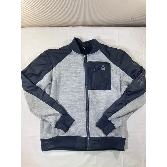 Kids Reebok‎ Bomber Jacket Gray Black Full Zip Athletic Track Jacket L 14 16