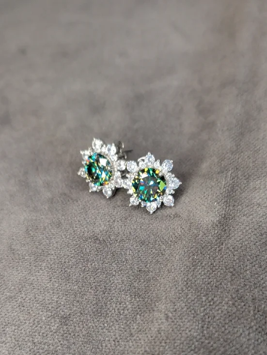 Mystic Green Halo Moissanite Flower Stud Earrings - WG Plated