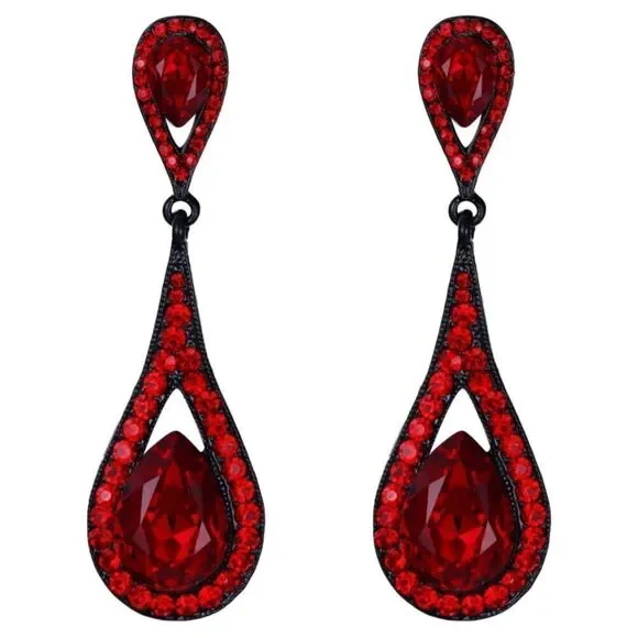 Carbon Black with Ruby Red Austrian Crystal Dual Dangling Teardrop Earrings