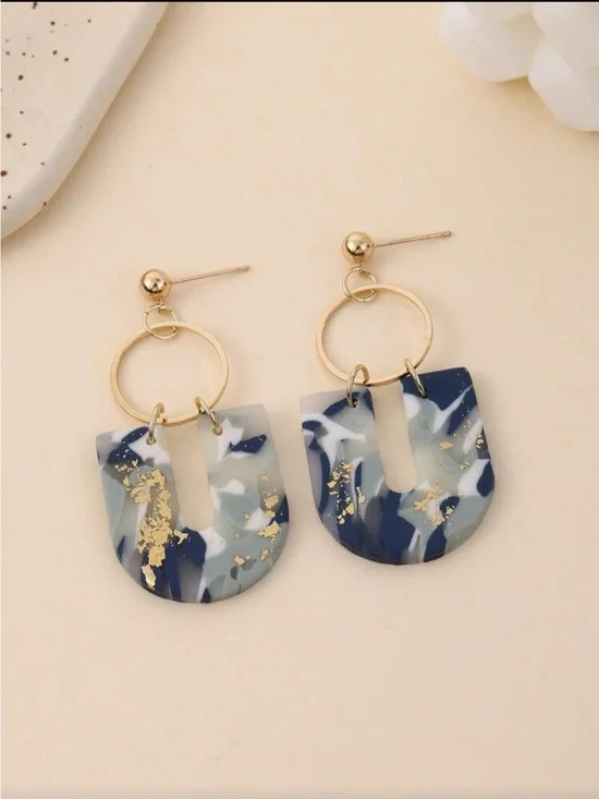 Gold Accent Navy Blue Marble Drop Earrings