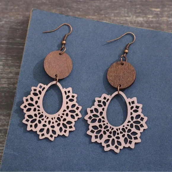 Hollow Pink/Nude Leather‎ Wood Spider Web Design Dangle 2/$15 3/$20 4/$25