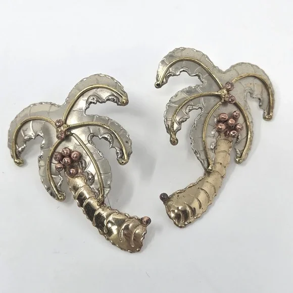 Palm Trees Coconuts Vintage Earrings Mixed Metals Gold & Silver‎ Plated Brass