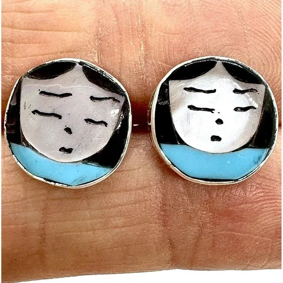 Zuni Inlay Indian Maiden Stud Earrings Turquoise Signed Joyce Waseta Woman Face
