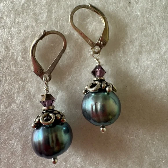 Large Gray Pearl and 925 Sterling Silver Dangle Drop Handmade Earrings