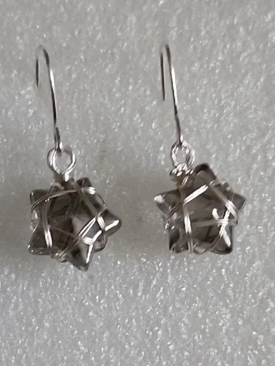 Hand Crafted Smoky Gray Star Wire-Wrap Drop Earrings