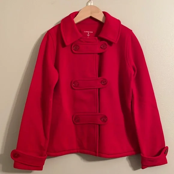 Lands’ End Bright Red Girls Cotton Pea Coat Size 7 8