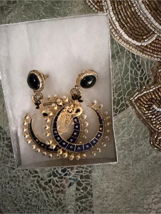 Gold and Navy Enamel Crescent Earrings with Bead Fringe