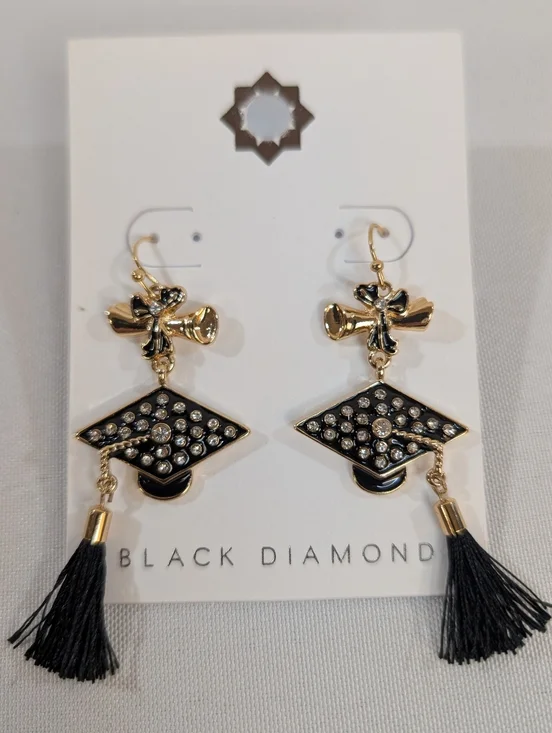 Black Diamond Earrings Graduation Cap With Tassel And Diploma