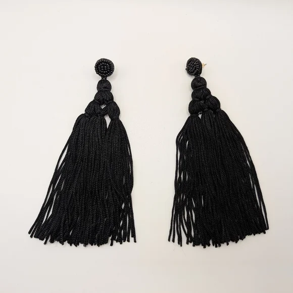 Handmade Boho Fringe Earrings Pierced Black Tassel 5 Inch Dangle NEW (Pair #3)