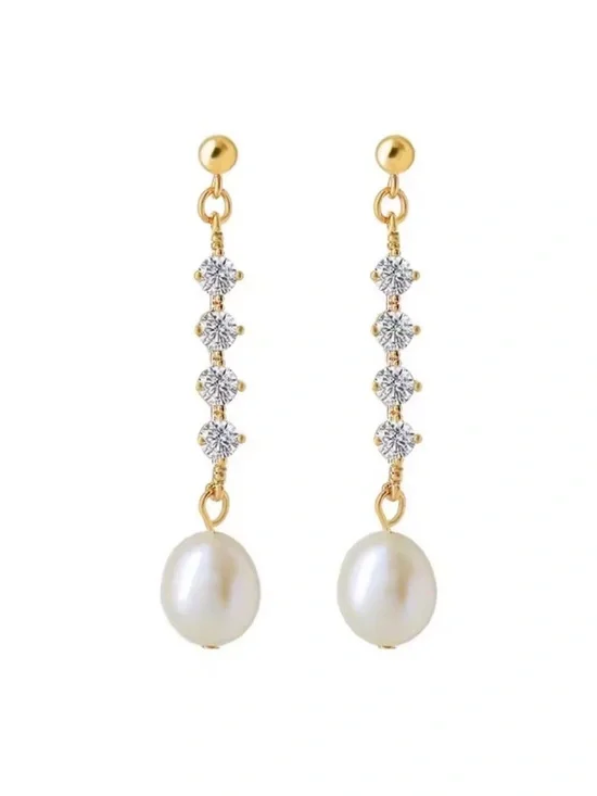 Gold and White Pearl Drop Earrings with Crystal Chain