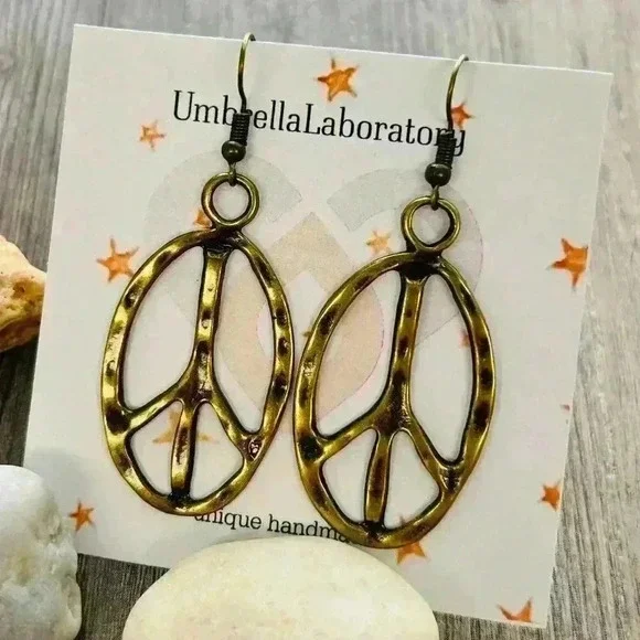 Peace sign hippie earrings hippy accessories bronze tone bohemian retro jewelry