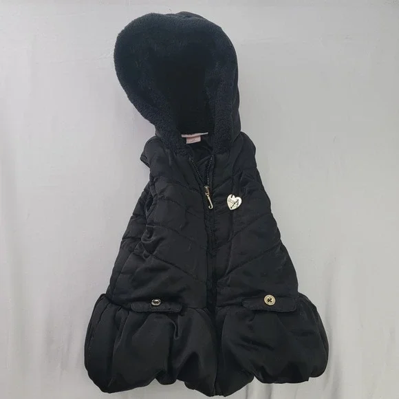 Juicy Couture Black W Gold Hardware‎ Hooded Puffer Vest Girls Size 3T fuax fur