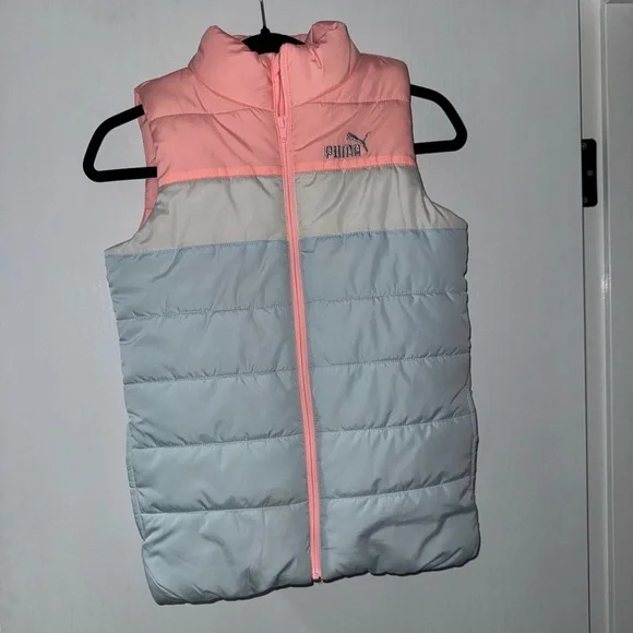 Puma Puffer Vest Girls Size 10/12 kids pink , blue Black Side Pockets Full Zip
