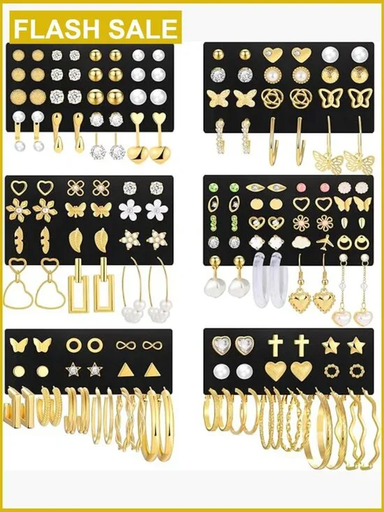 84 Pairs Gold Stud Earrings Set, Hypoallergenic Alloy, Screw Back Posts