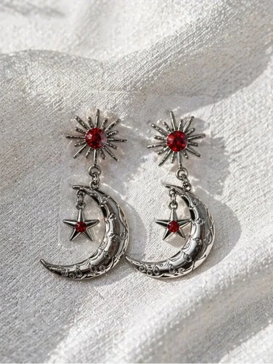 Silver Crescent Moon & Star Drop Earrings with Red Gem Accents